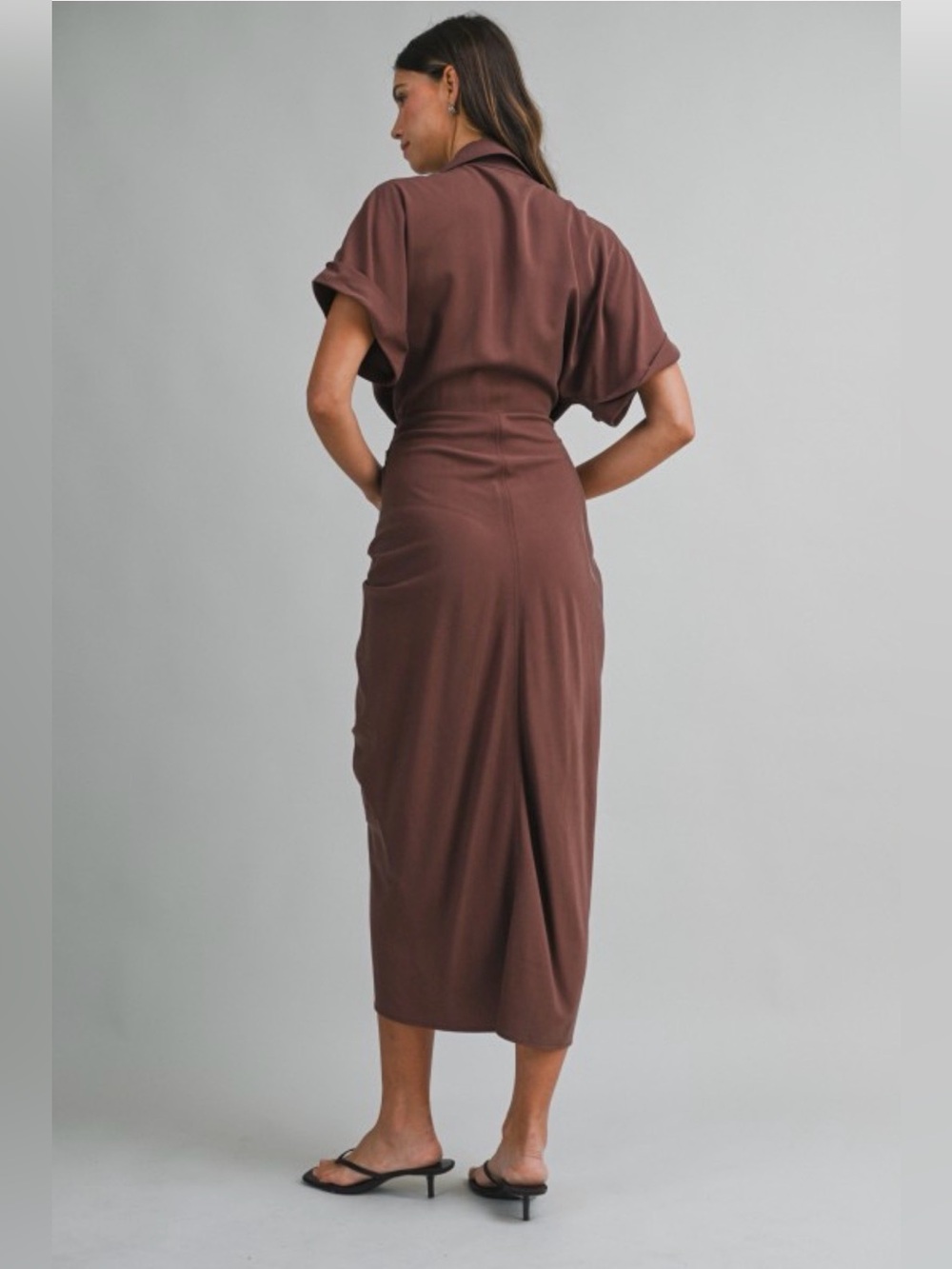 A706. Mable Tie-Waist Shirt Dress in Chocolate Brown - Picture 6 of 7